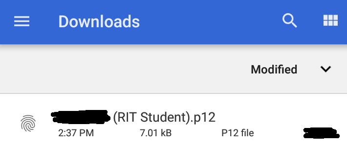 The Android file picker, showing 'Downloads' folder and a file called '{blacked out} (RIT Student).p12'